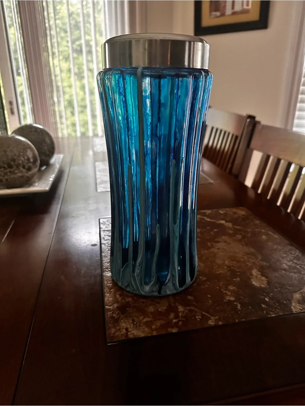 Hand crafted Blue abstract Glass Decorative Vase with Silver lid